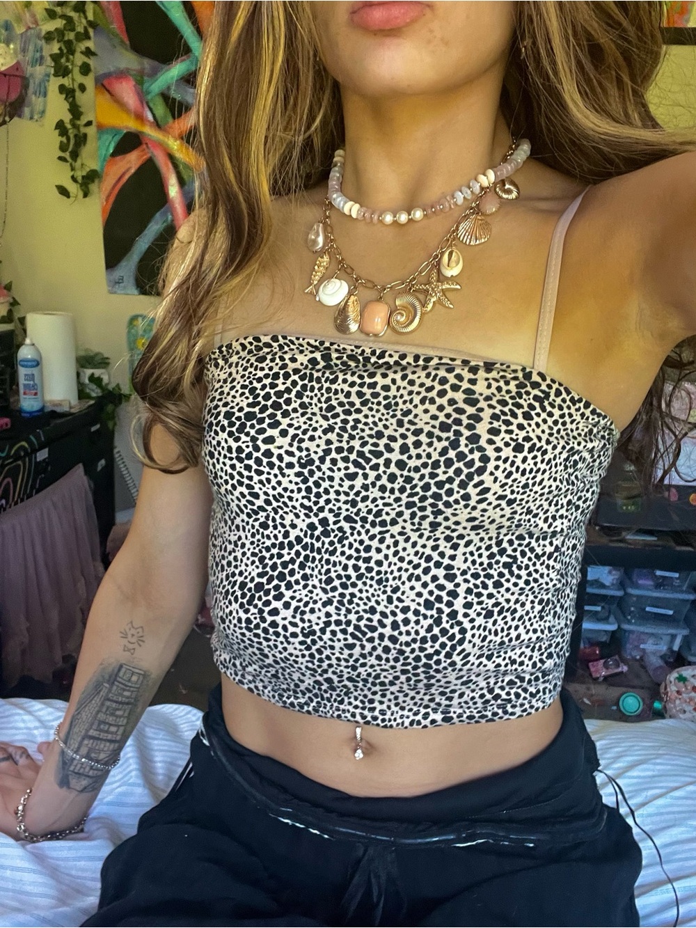 American Eagle Outfitters Black & White Leopard Strapless Tube Top